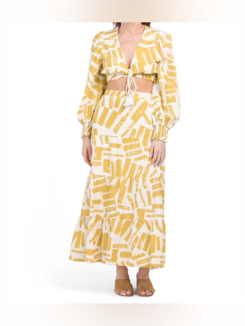 House of Harlow 1960 Abstract Printed Tassel Accents Skirt Set Yellow Large